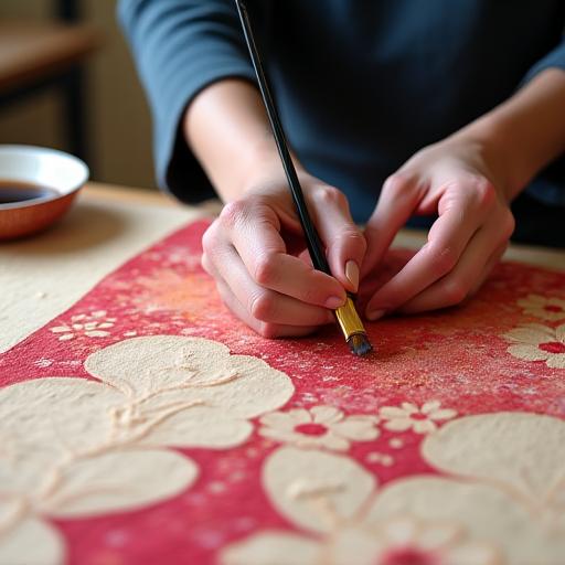職人が友禅染めで布に模様を描いている